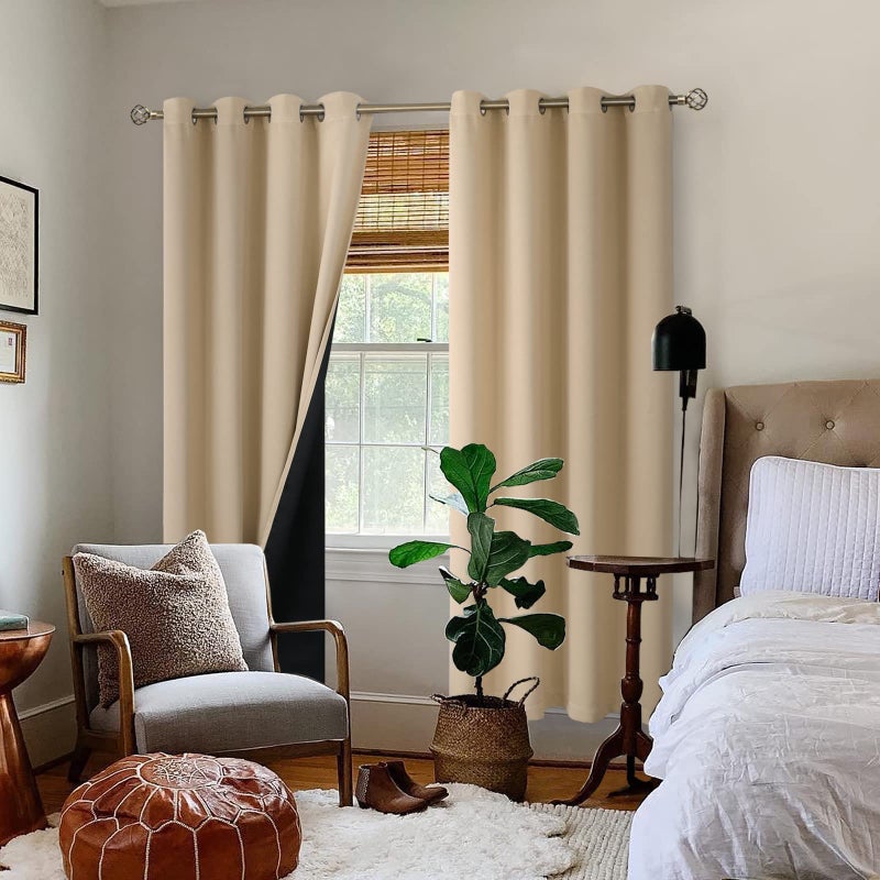 BGment Thermal Insulated 100% Blackout Curtains for Bedroom with Black Liner, Double Layer Full Room Darkening Noise Reducing Grommet Curtain (52 x 84 Inch, Beige, 2 Panels) - Image 2